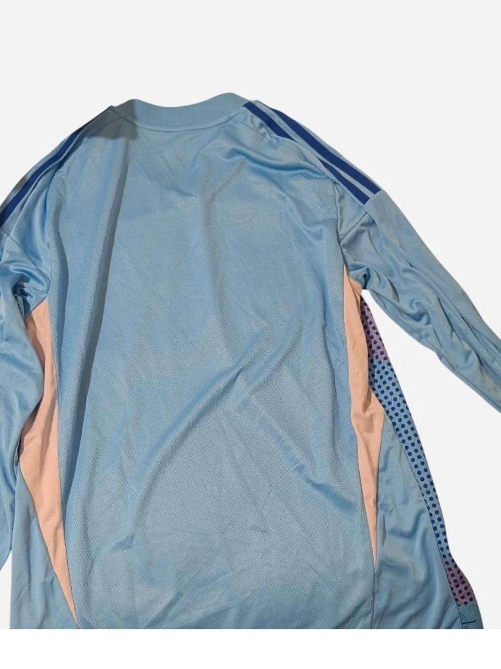 adidas Light Blue Athletic Top with Pink Dot Print and Navy Trim
